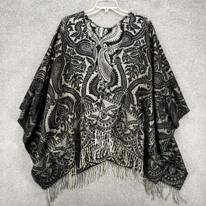 Accessory‎ Street Poncho Windowpane Black Gray Ombre Shawl Scarf